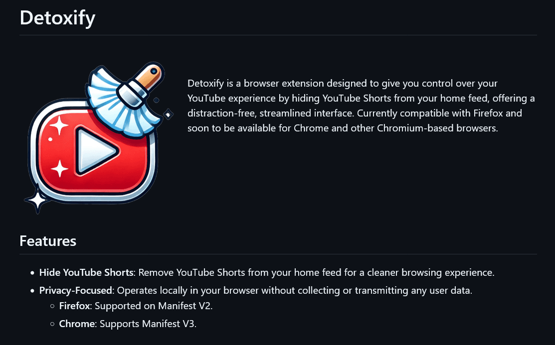 A Chrome extension that removes YouTube Shorts from the interface, helping users reduce distractions and regain control over their viewing experience.