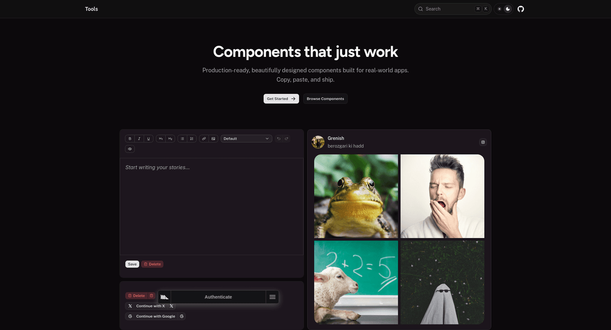 Beautifully crafted, accessible UI components and blocks built on top of shadcn/ui. Installable via the shadcn CLI through the @grenish registry.